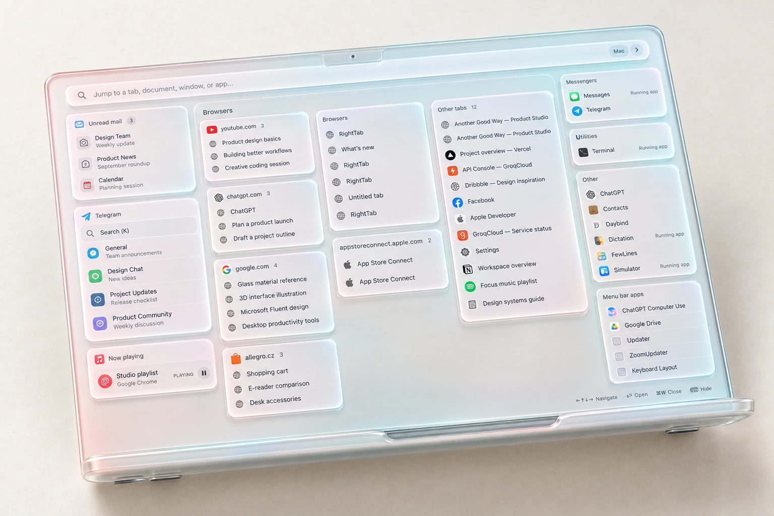Command Center on a transparent glass laptop resting on its screen lid, with raised glass cards for mail, chats, browser tabs, and apps.