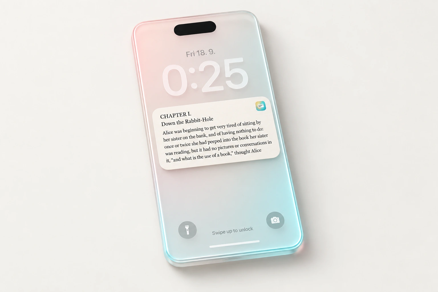 A transparent glass iPhone with a paper reading card below the time, flashlight and camera shortcuts, and a swipe-to-unlock indicator.