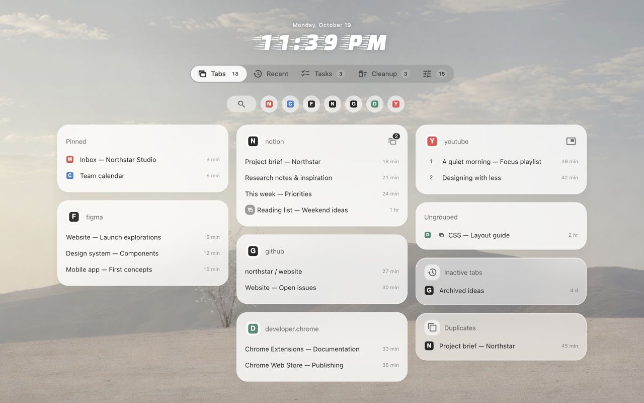 RightTab showing demonstration tabs grouped by website, pinned pages, inactive tabs and duplicates.